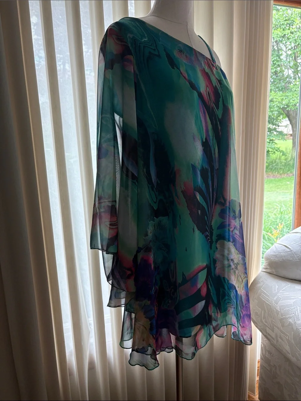 Bisou Bisou one shoulder watercolor abstract flowy mini dress kimono sleeve 10